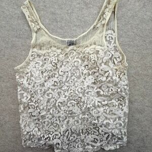 HM Womens Floral Lace Tank Top Cream Sleeveless Sheer Scoop Neck Small